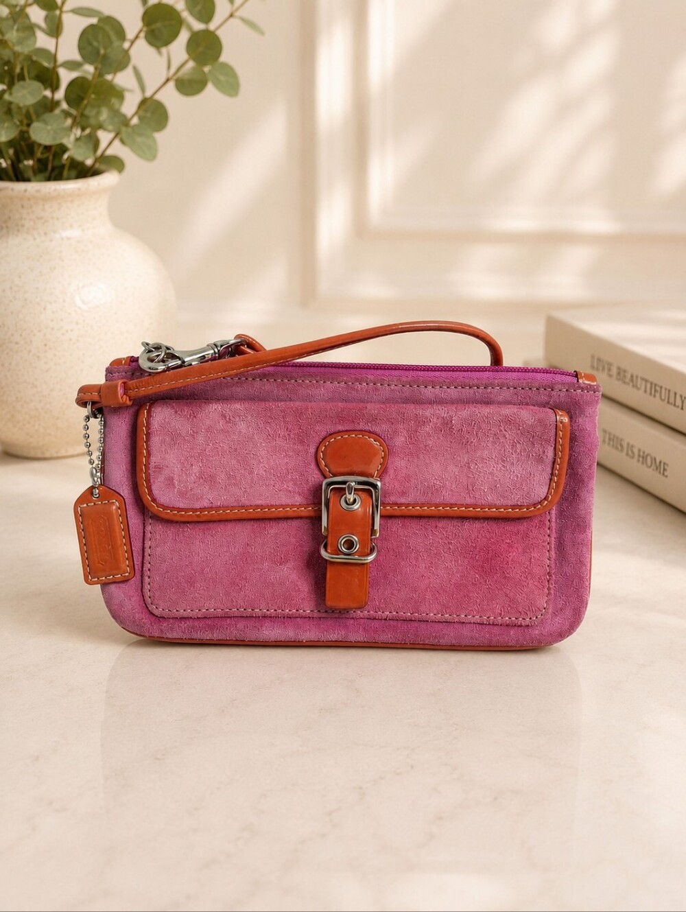 Coach Soho Pink Suede Buckle Front Wristlet Clutch Y2K